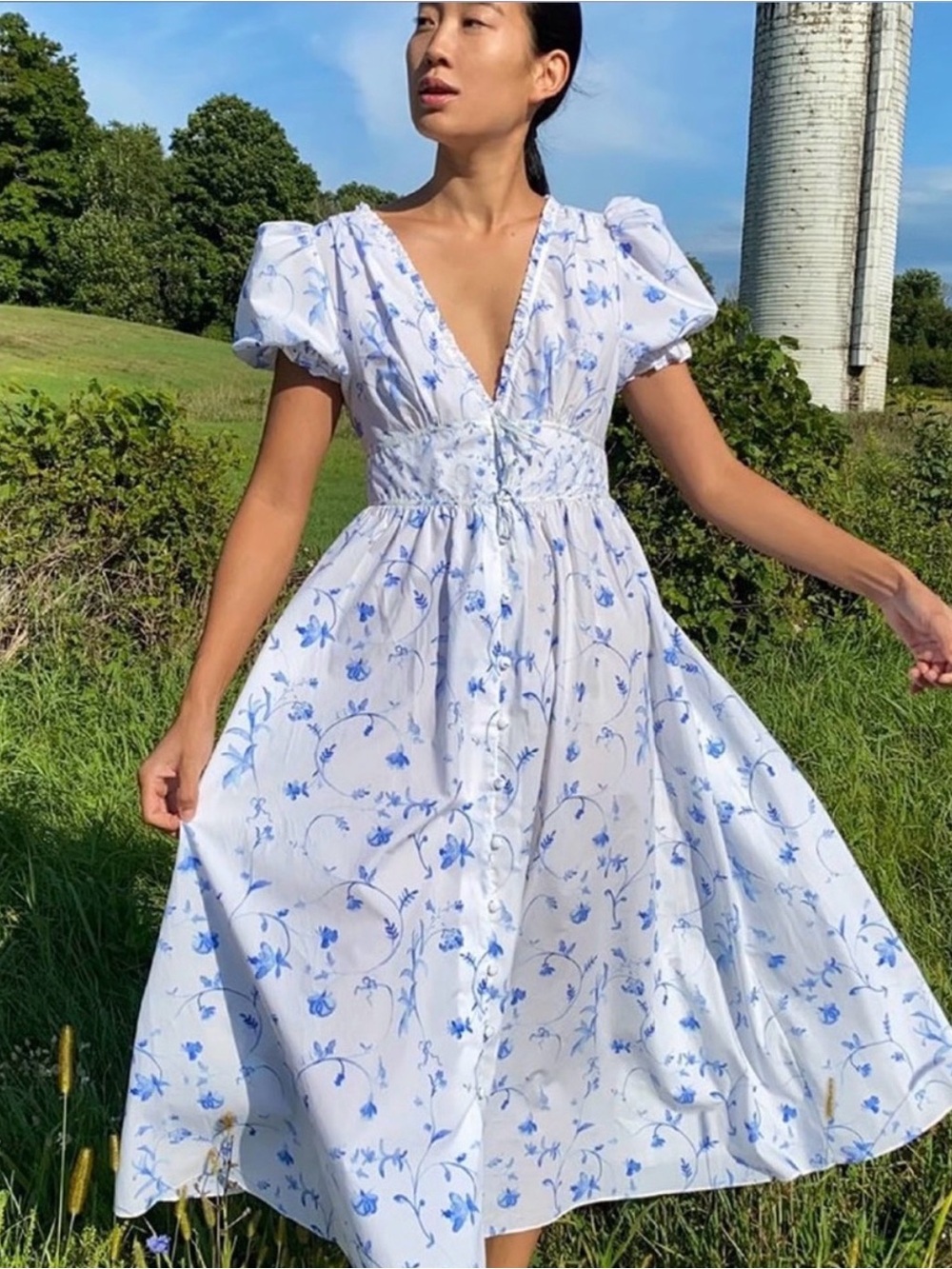 Hill House The Sabrina Nap Dress Blue Botanical Print Cotton Floral